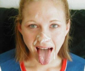 Slut sticking her tongue out with cum on face