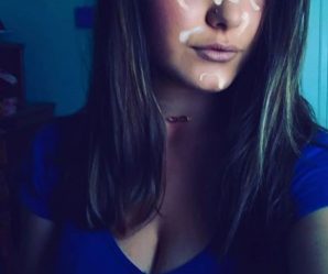 Gorgeous brunette babe with cum on her face