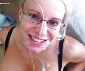 Blonde milf wearing glasses takes facial