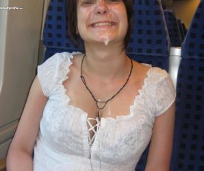 Daring babe wears cum facial on a train