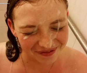 Brunette gets nice cum facial in the shower