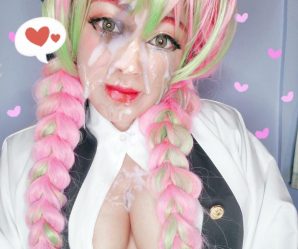 Cute pink and green pigtails babe take cum facial