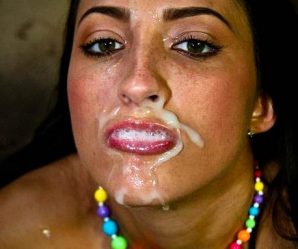 Brunettes mouth is overflowing with cum