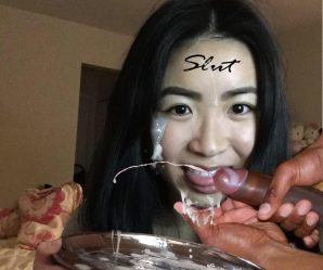 Asian slut has cum served to her on a plate