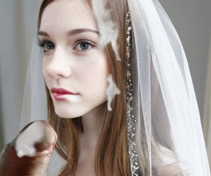 Stunning brunette bride looks great cum faked