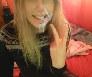 Cute blonde has cum dripping off her face