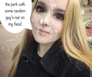 Blonde slut walking through the park with facial