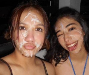 Two cute girls have their faces pasted with cum