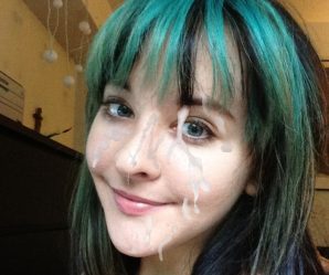 White slut with green hair facial